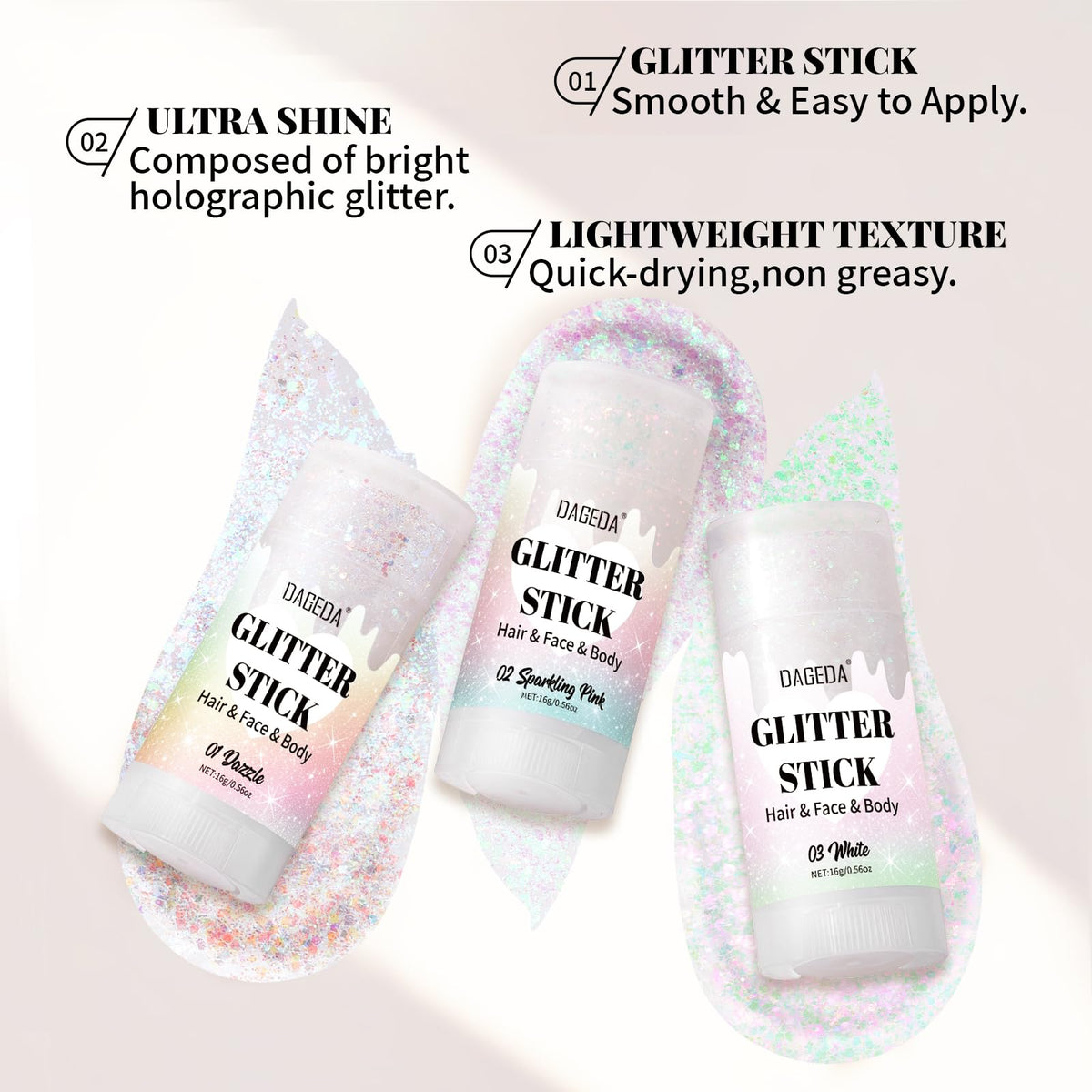 DAGEDA glitter stick used as hair highlight showing holographic shine along braid