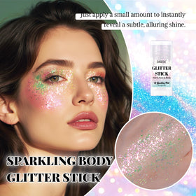 DAGEDA glitter stick gel texture close-up showing star flakes and chunky sparkle