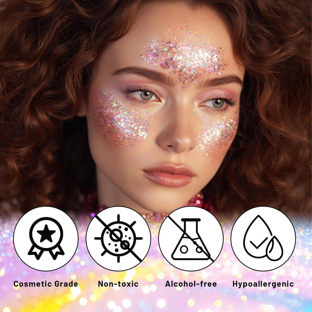 DAGEDA glitter texture close-up showing holographic particles and star flakes