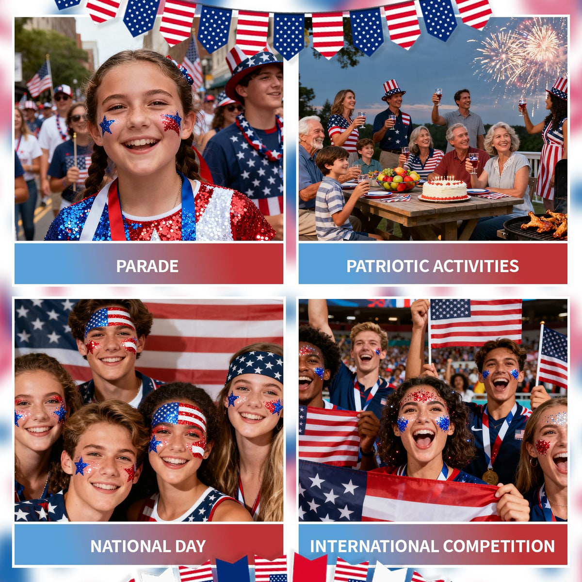 DAGEDA glitter worn with Fourth of July outfit creating standout look