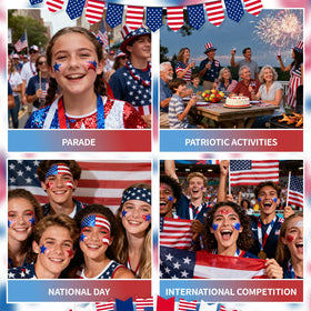 DAGEDA glitter worn with Fourth of July outfit creating standout look