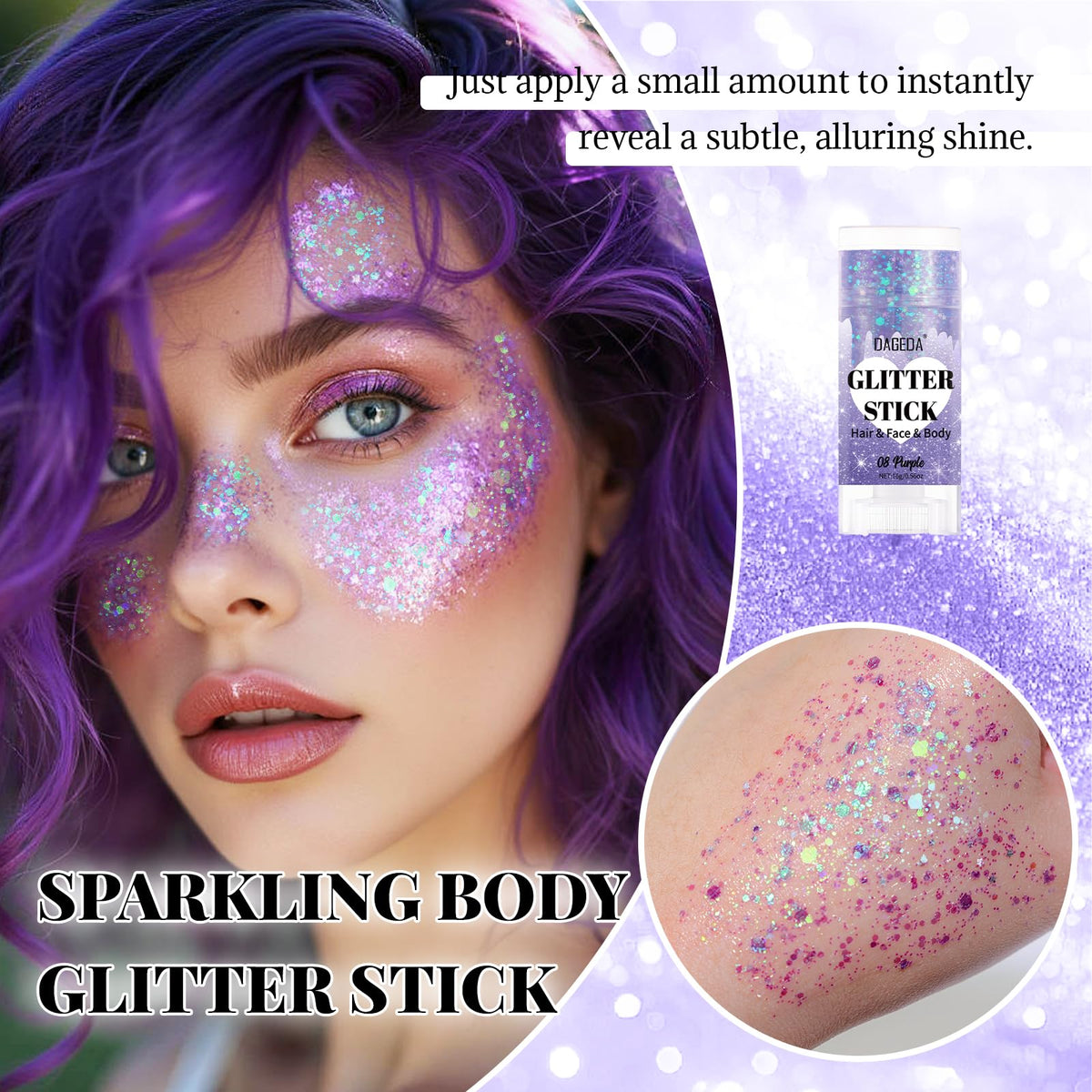 DAGEDA glitter texture close-up showing chunky stars and holographic particles for bold shine