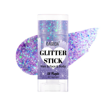 DAGEDA purple glitter stick front packaging showing shade and compact design for travel