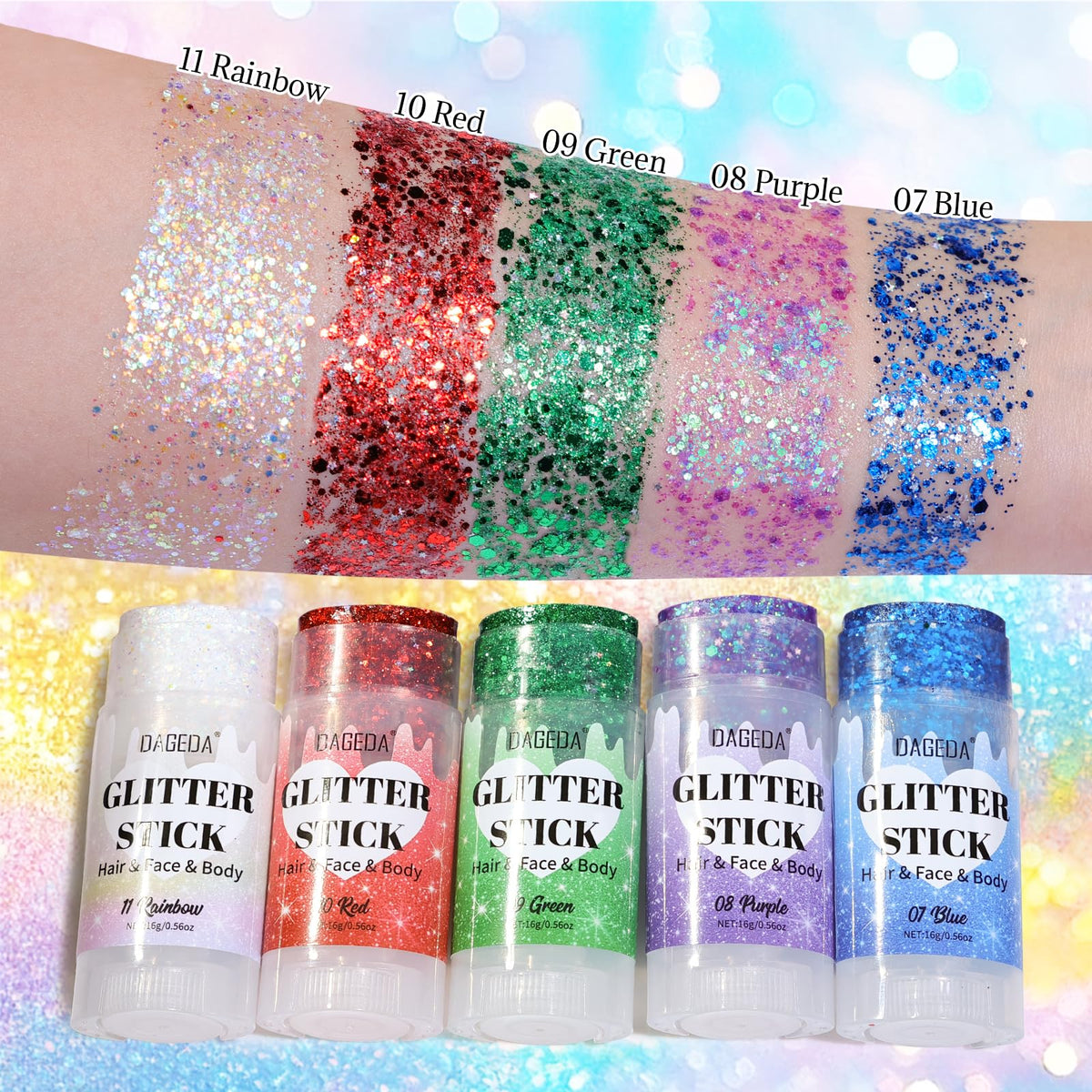 DAGEDA glitter stick held in hand showing compact size and easy twist-up application