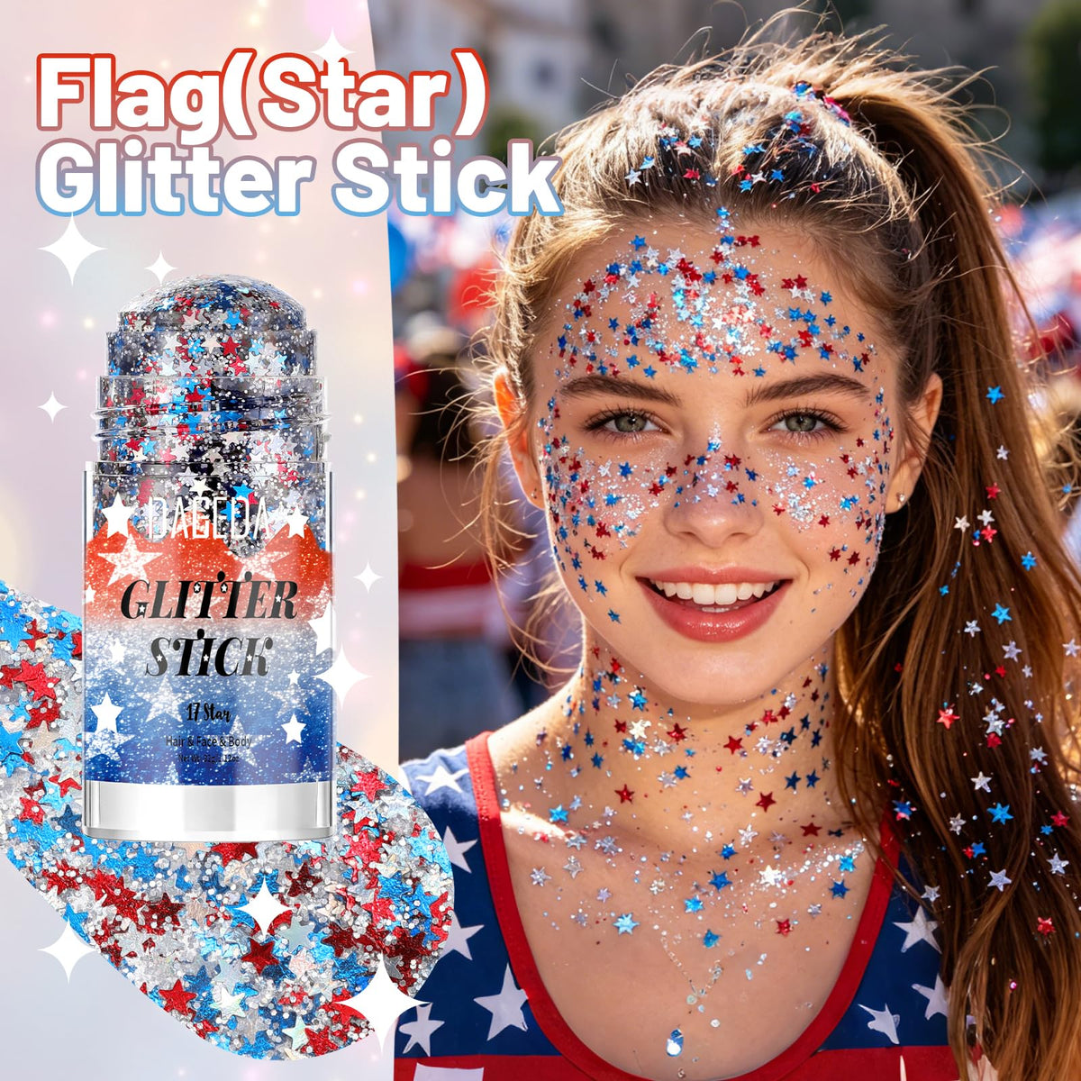 DAGEDA glitter stick twisted up to reveal product tip for quick one-swipe application