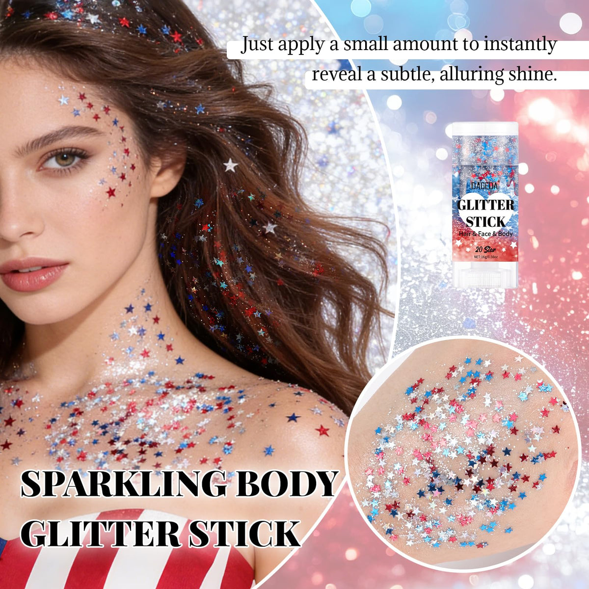 DAGEDA close-up texture revealing holographic glitter for intense shine