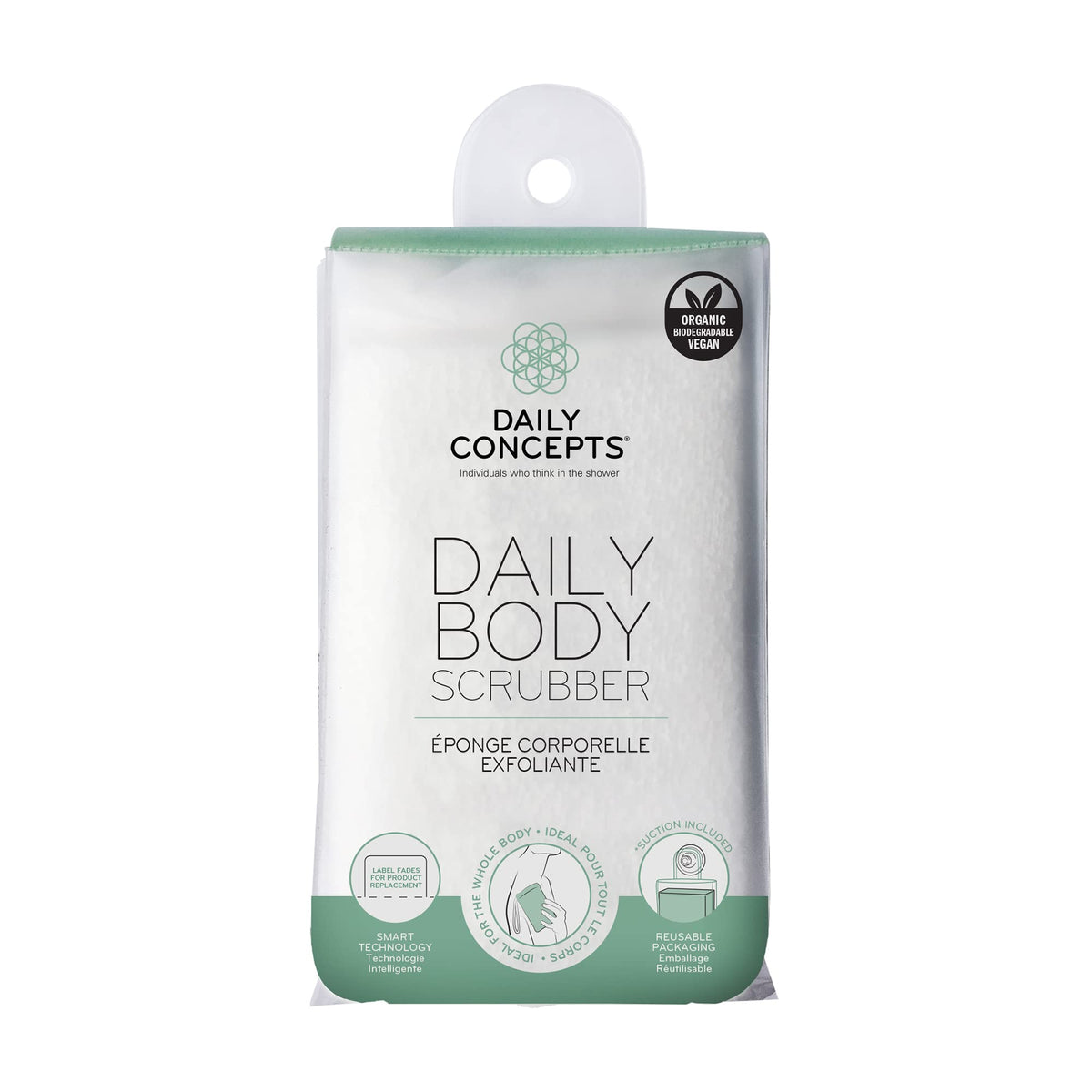 DAILY CONCEPTS front packaging showing eco-friendly box and scrubber — highlights reusable caddy benefit