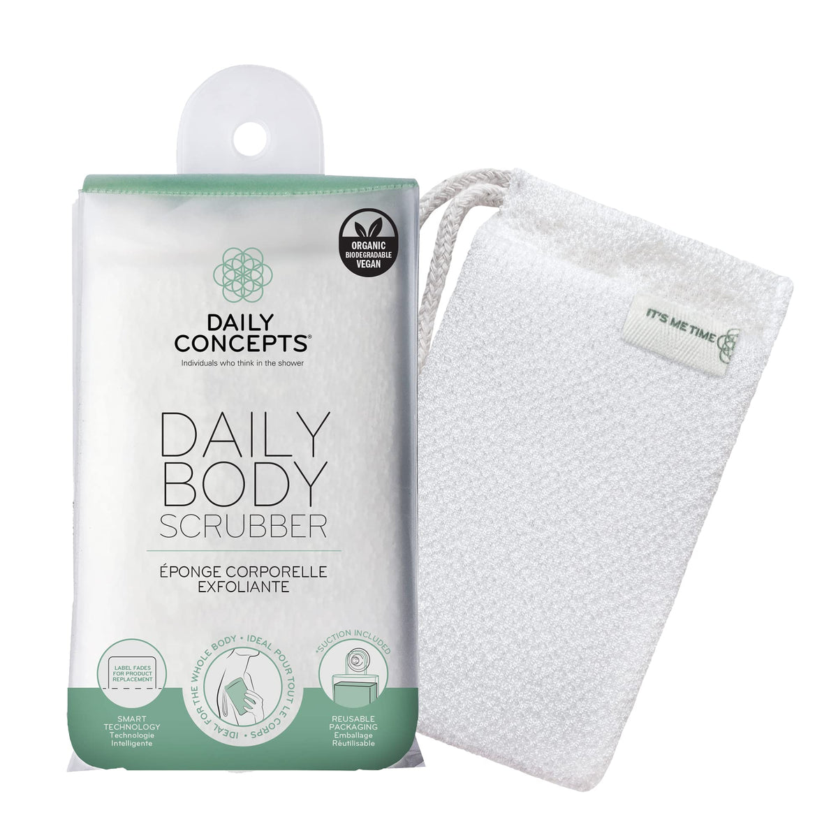 DAILY CONCEPTS scrubber in use on wet skin producing rich lather — demonstrates efficient cleansing benefit