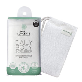 DAILY CONCEPTS scrubber in use on wet skin producing rich lather — demonstrates efficient cleansing benefit