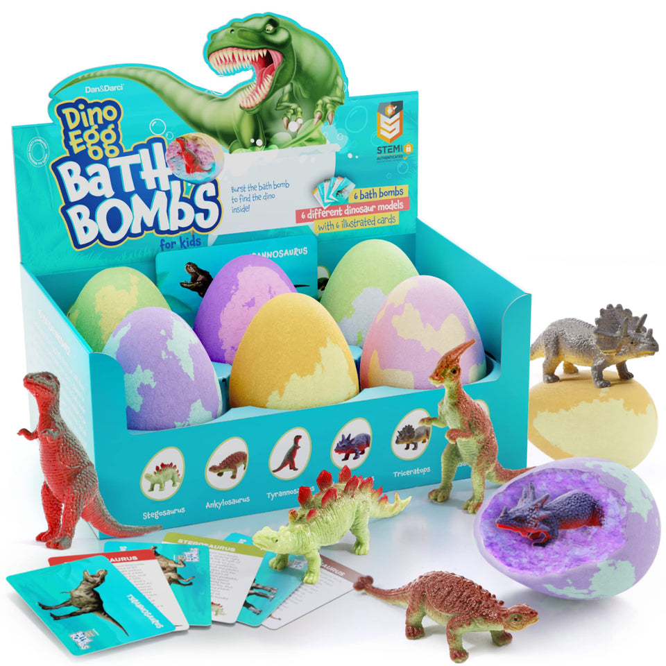 Dan&Darci front packaging showing six colorful dino eggs and cards, great for gifting