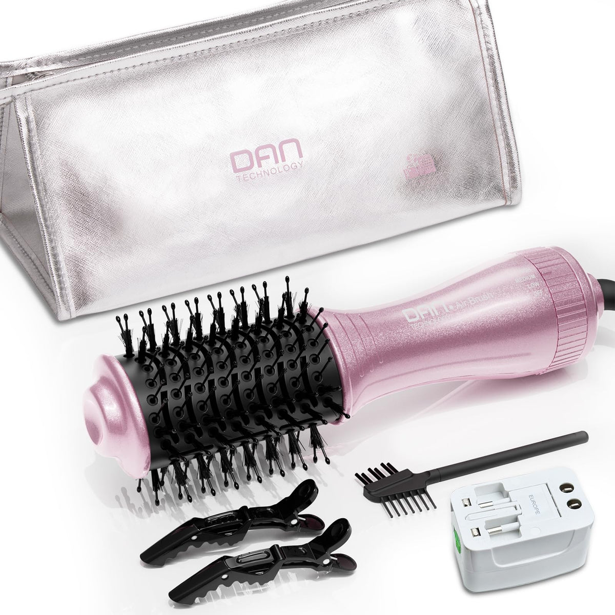 DAN Technology front view of dual voltage hair dryer brush, travel-ready convenience