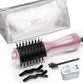 DAN Technology front view of dual voltage hair dryer brush, travel-ready convenience