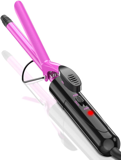 DAN Technology front view of pink mini curling iron showing compact design and portability