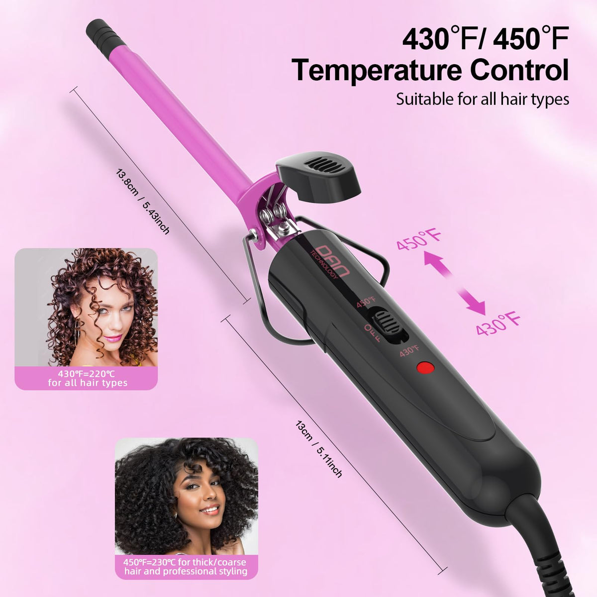 DAN Technology curling iron in hand to show compact size and control