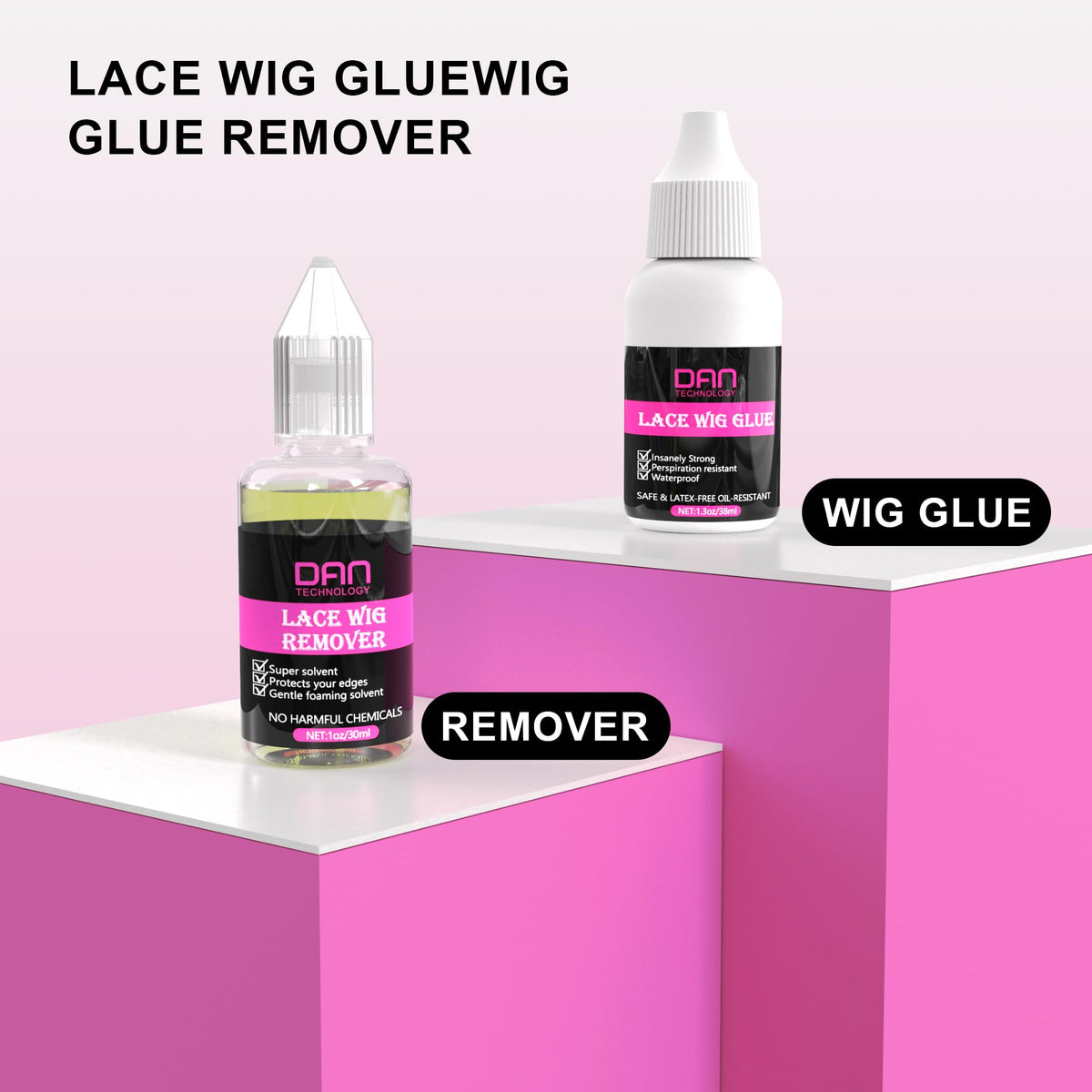 DAN Technology wig glue bottle pictured to secure lace with waterproof adhesion