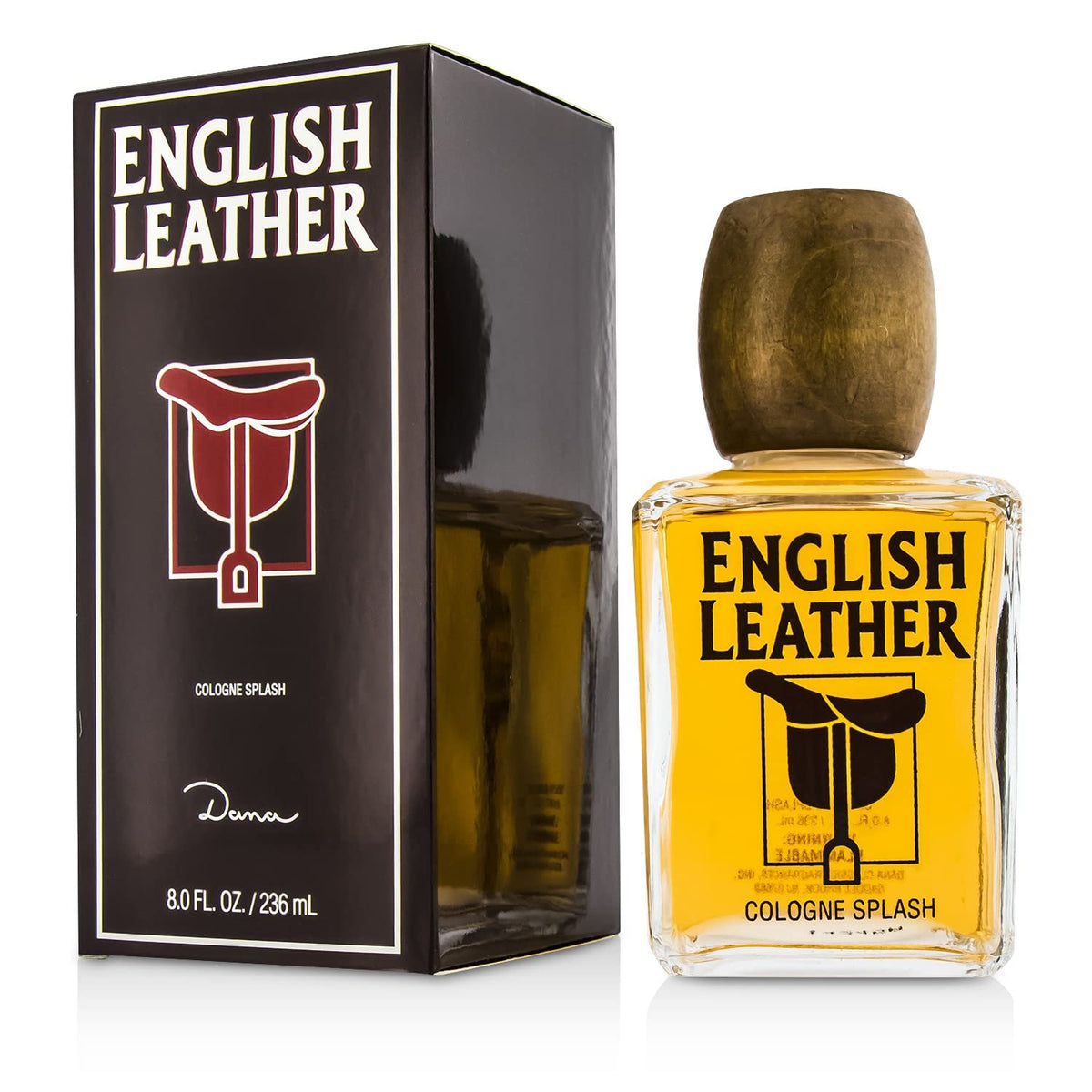 Dana English Leather front bottle showing label and amber liquid for classic style