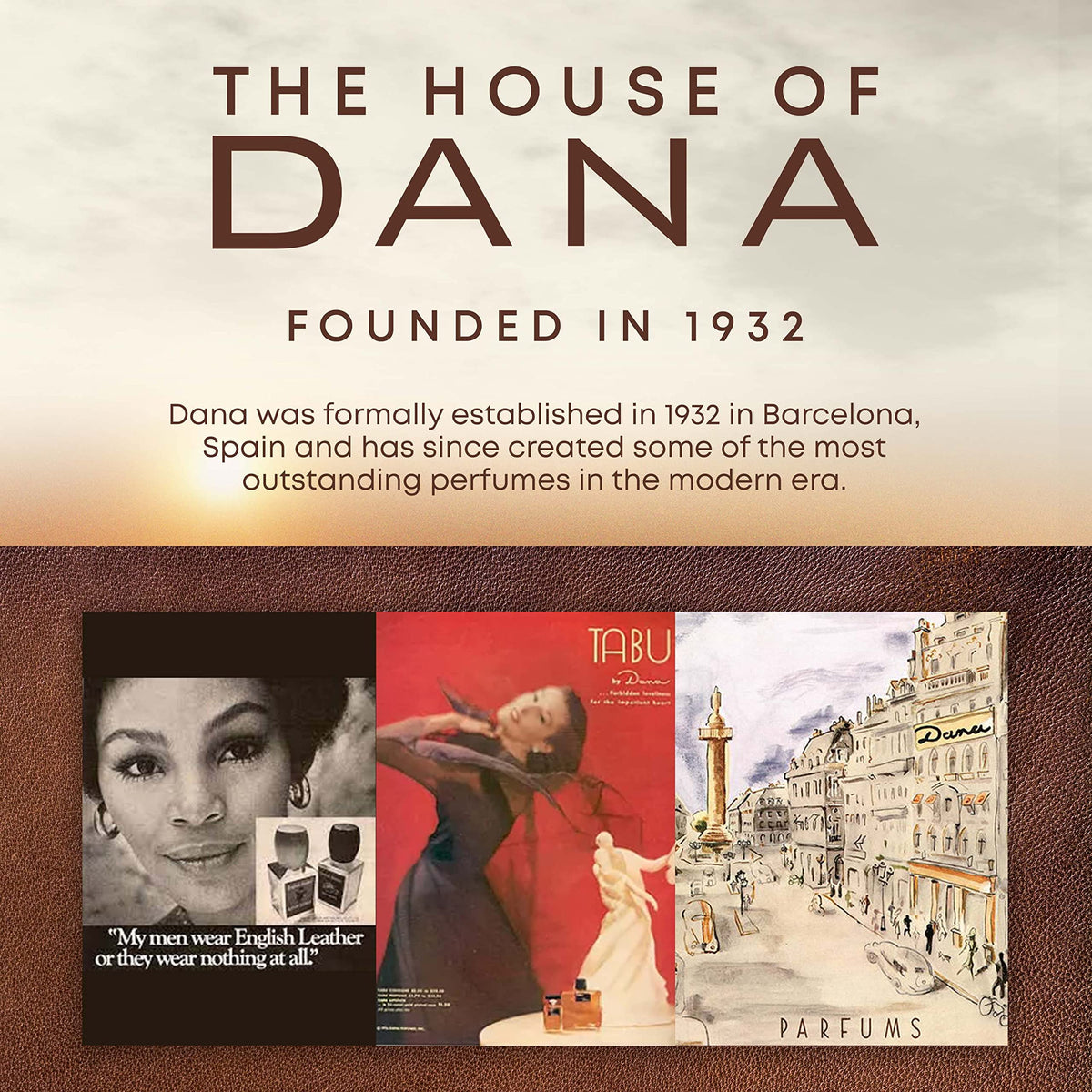 Dana English Leather ingredient visual with citrus and wood elements highlighting scent notes