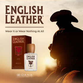 Dana English Leather label detail highlighting brand and vintage fragrance heritage