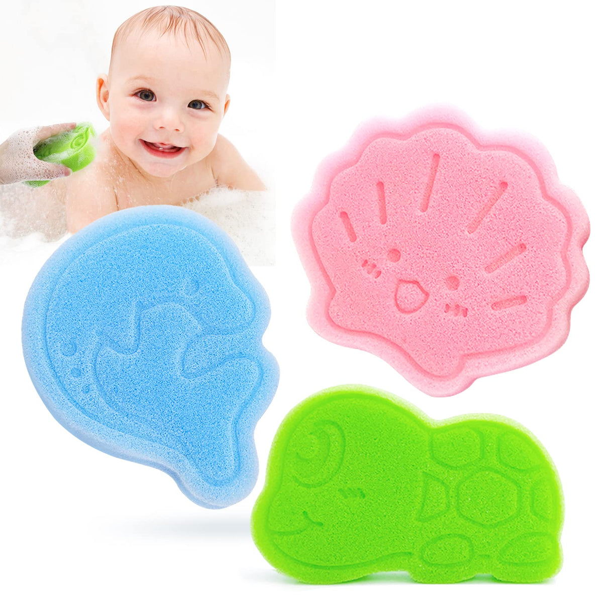 DANCELF front packaging showing three cute bath sponges and benefits