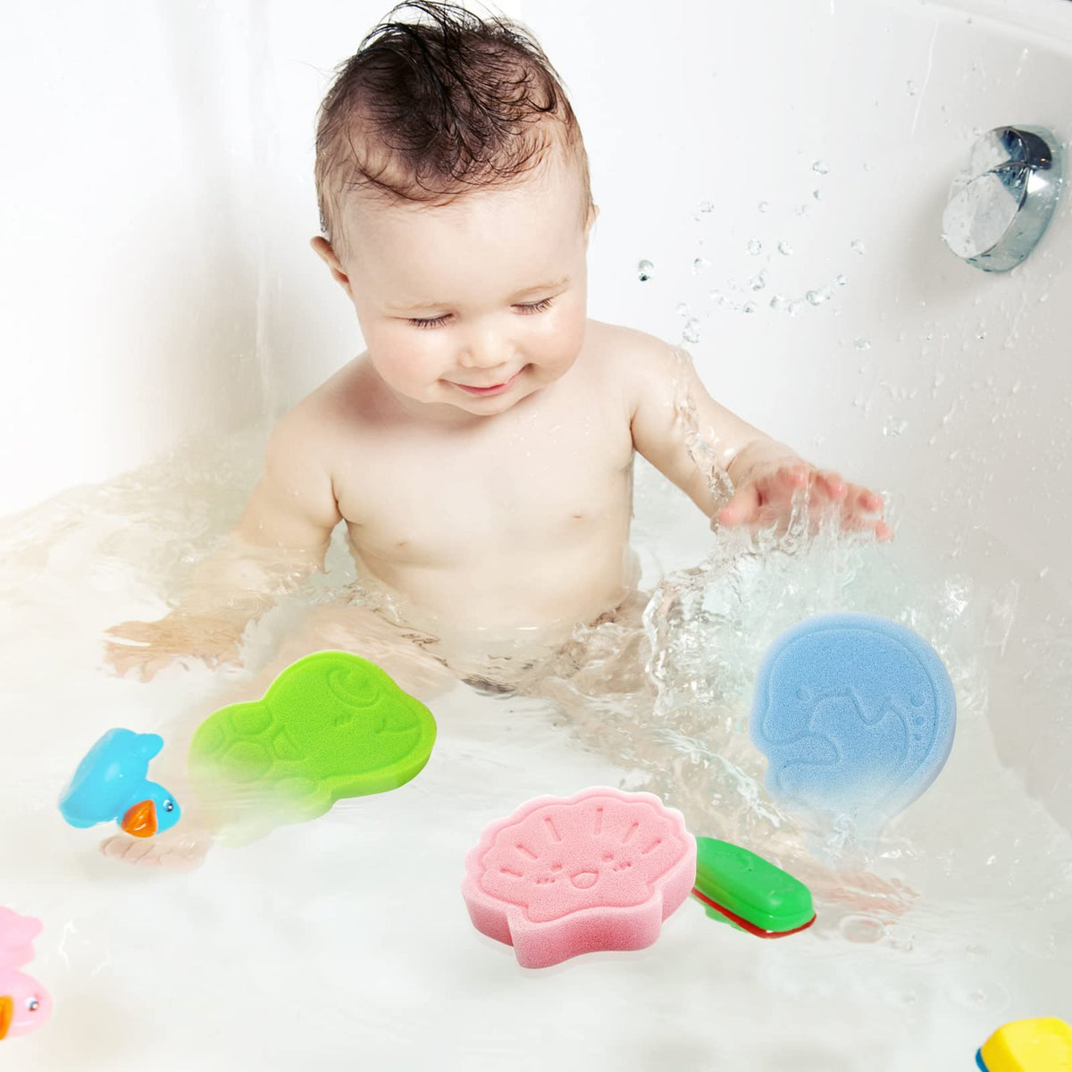 DANCELF sponge in bathtub being used to wash toddler gently