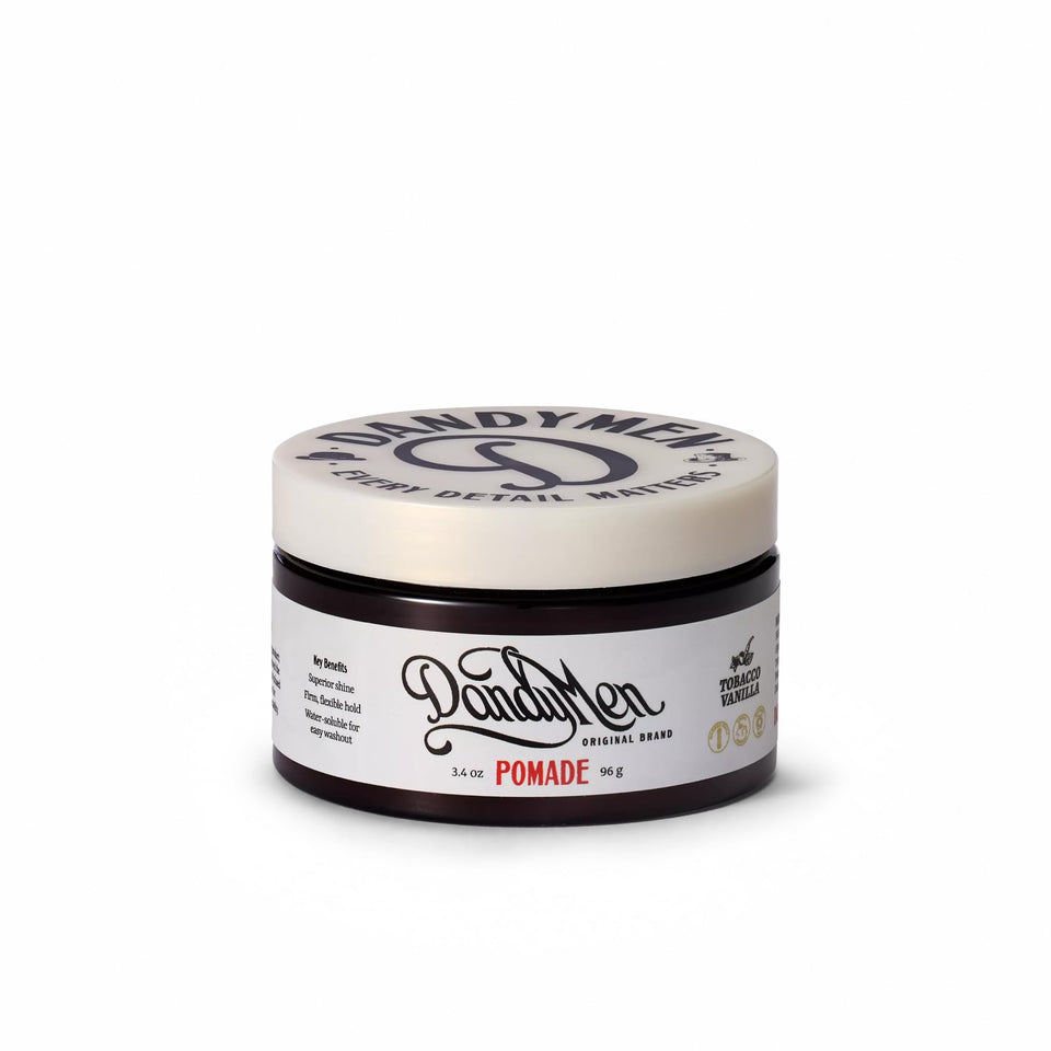 DandyMen pomade jar front view showing branding and sleek packaging for effortless styling