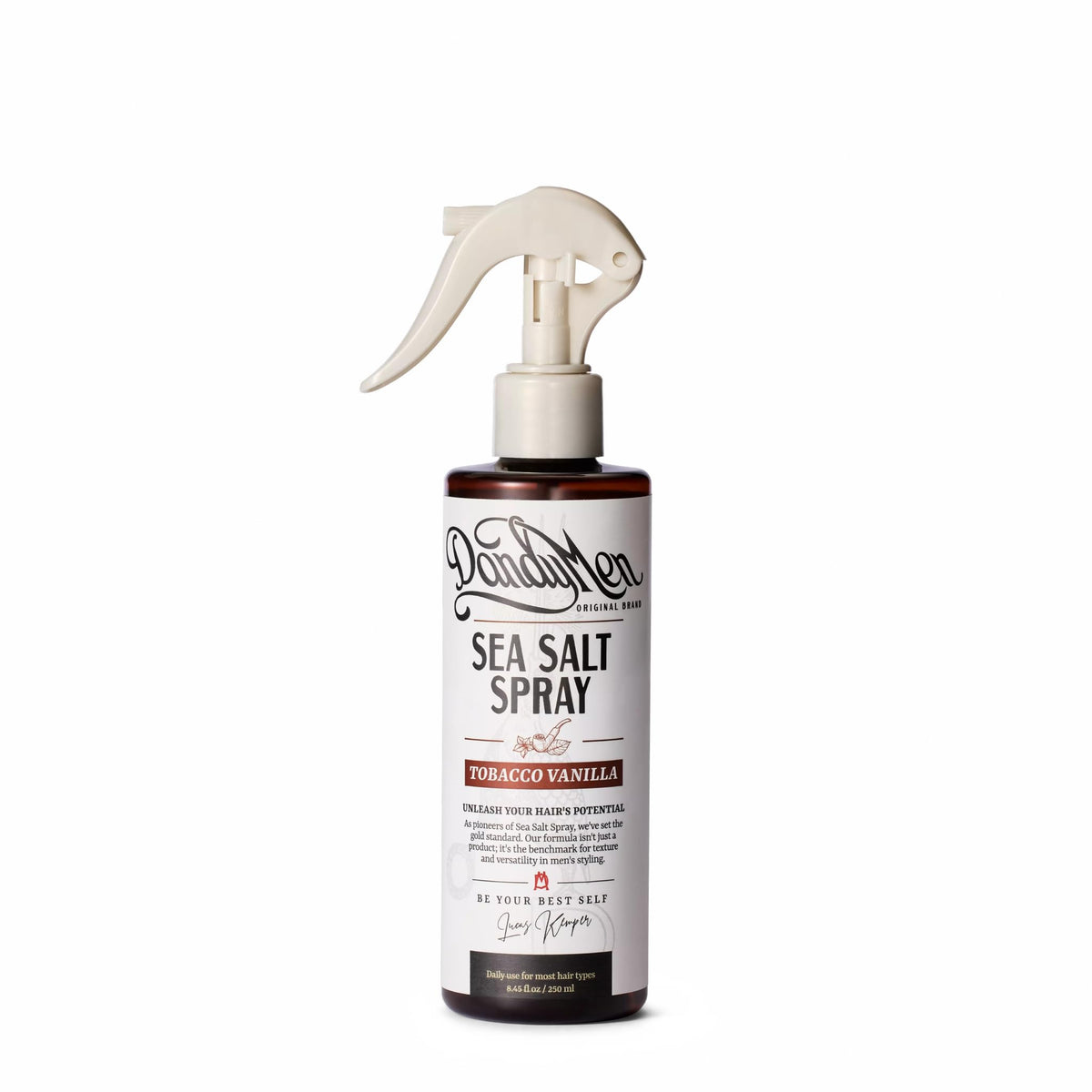 DandyMen sea salt spray front packaging showing bottle and label benefits