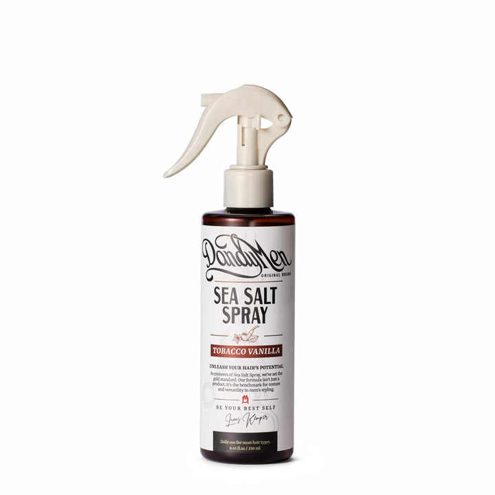 DandyMen sea salt spray front packaging showing bottle and label benefits