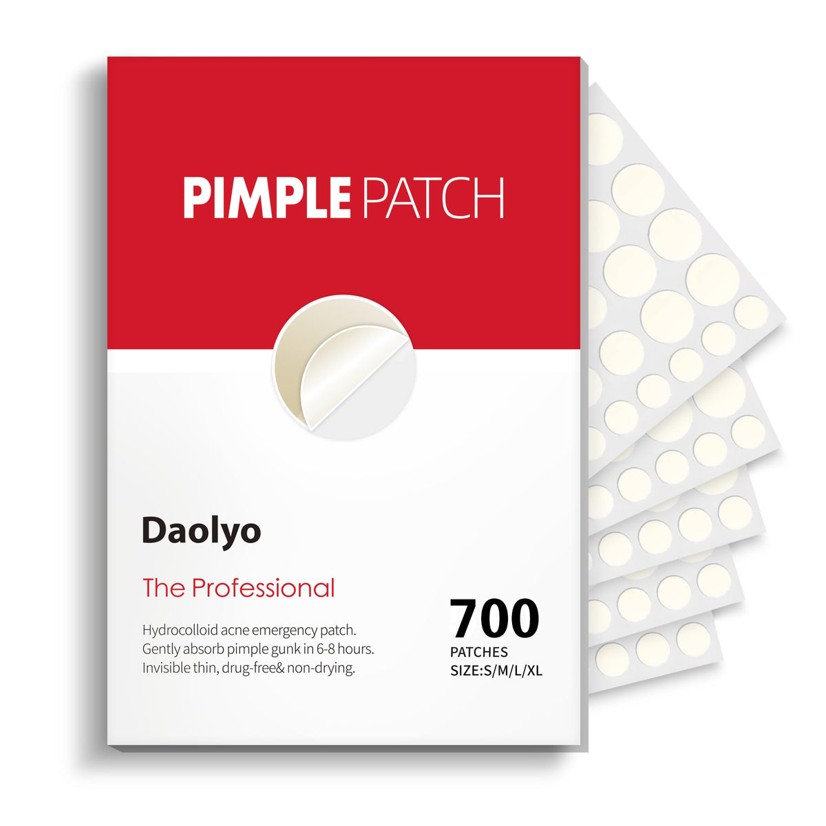 Daolyo front packaging showing 700 acne patches and benefits