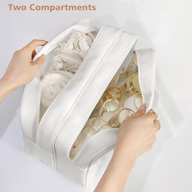DAPOWER open toiletry bag displaying airtight and mesh compartments for organization