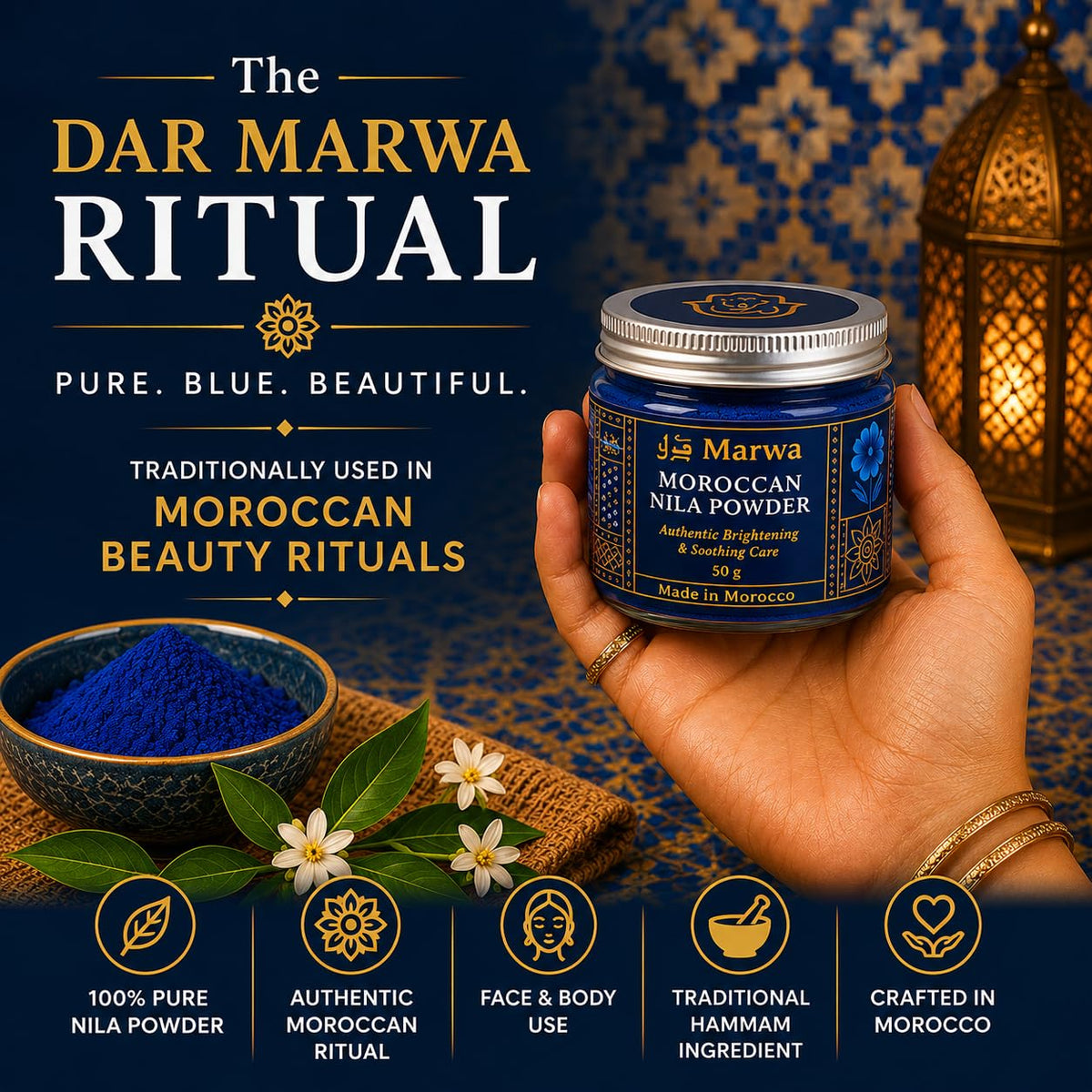 Dar Marwa close-up of fine nila powder texture revealing natural, additive-free quality