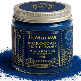 Dar Marwa jar front packaging shows authentic Moroccan indigo powder benefit of purity