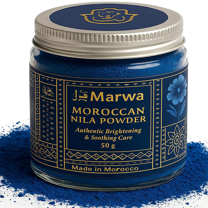 Dar Marwa jar front packaging shows authentic Moroccan indigo powder benefit of purity