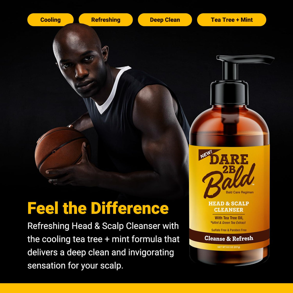 DARE TO BE BALD label close-up highlighting tea tree and mint formula benefits