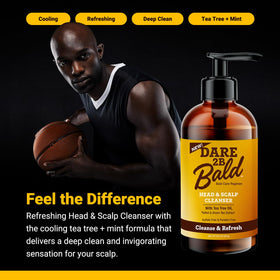 DARE TO BE BALD label close-up highlighting tea tree and mint formula benefits