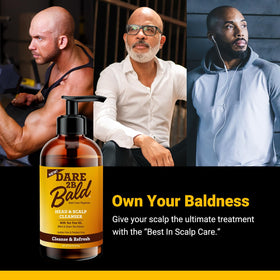 DARE TO BE BALD 8 fl oz next to common bottle showing actual product size benefit