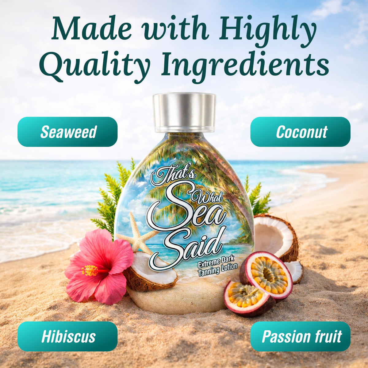 DARK TANS EXCLUSIVE bottle next to sunglasses to show product size