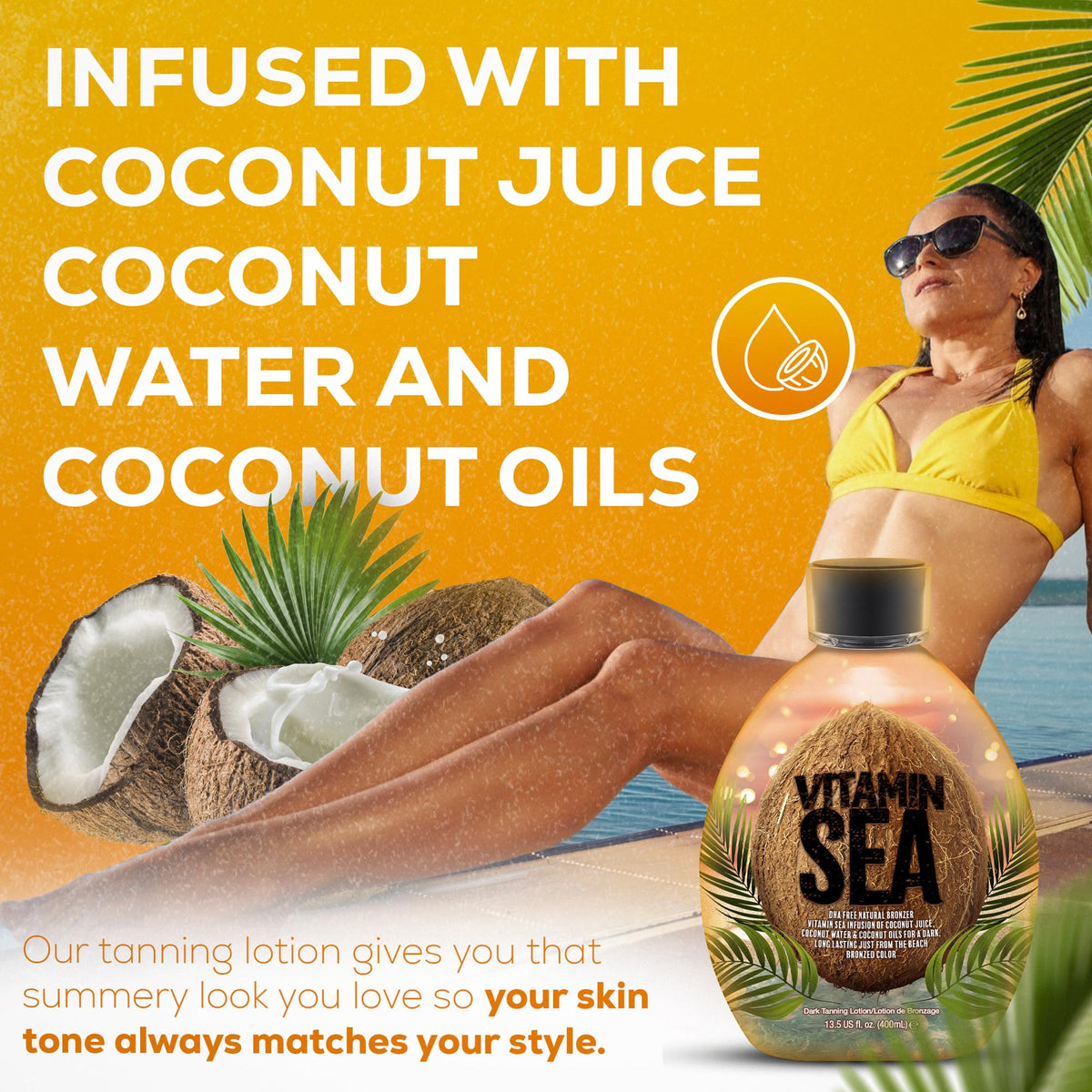 DARK TANS EXCLUSIVE bottle on beach towel evoking tropical scent and hydration benefit