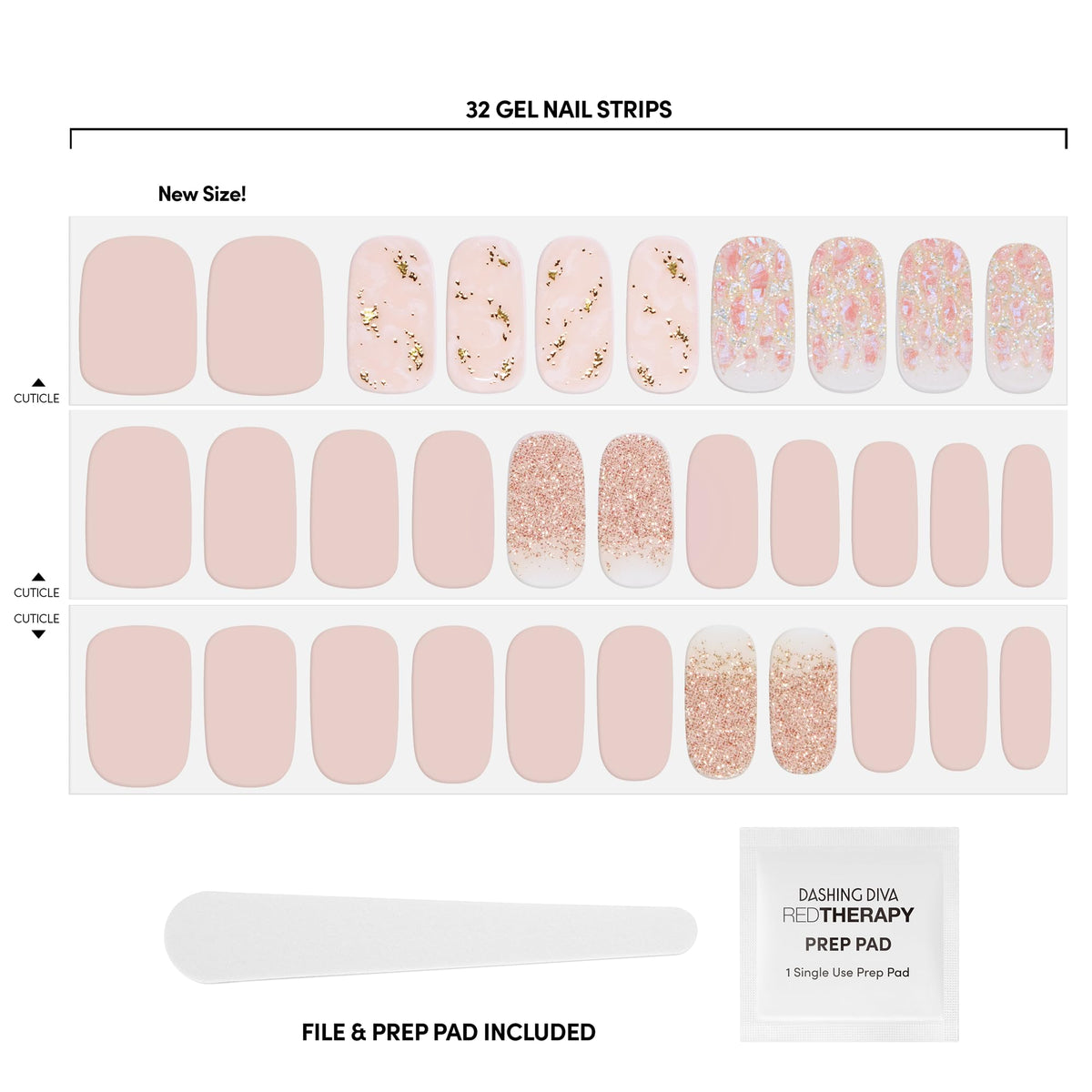 Dashing Diva kit contents including 32 strips, prep pad, and file for complete at-home manicure