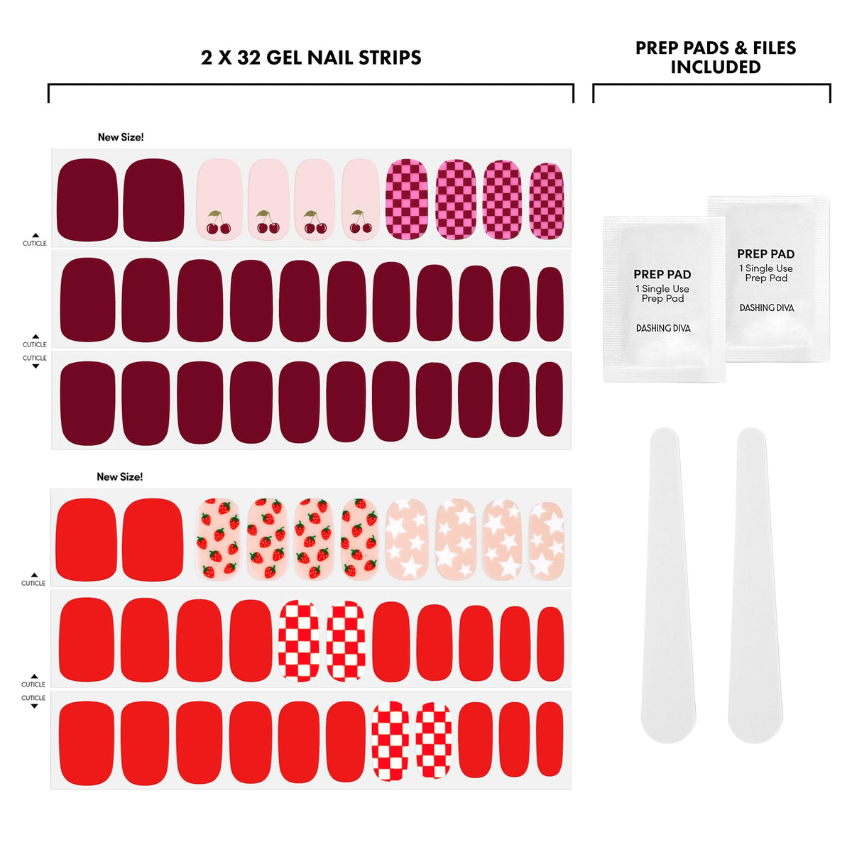 Dashing Diva two sets unboxed side-by-side to display included sizes and variety