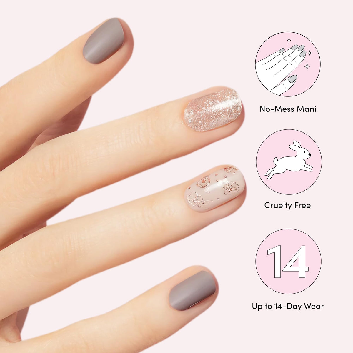 Dashing Diva hands applying a strip demonstrating fast no-dry-time manicure benefit