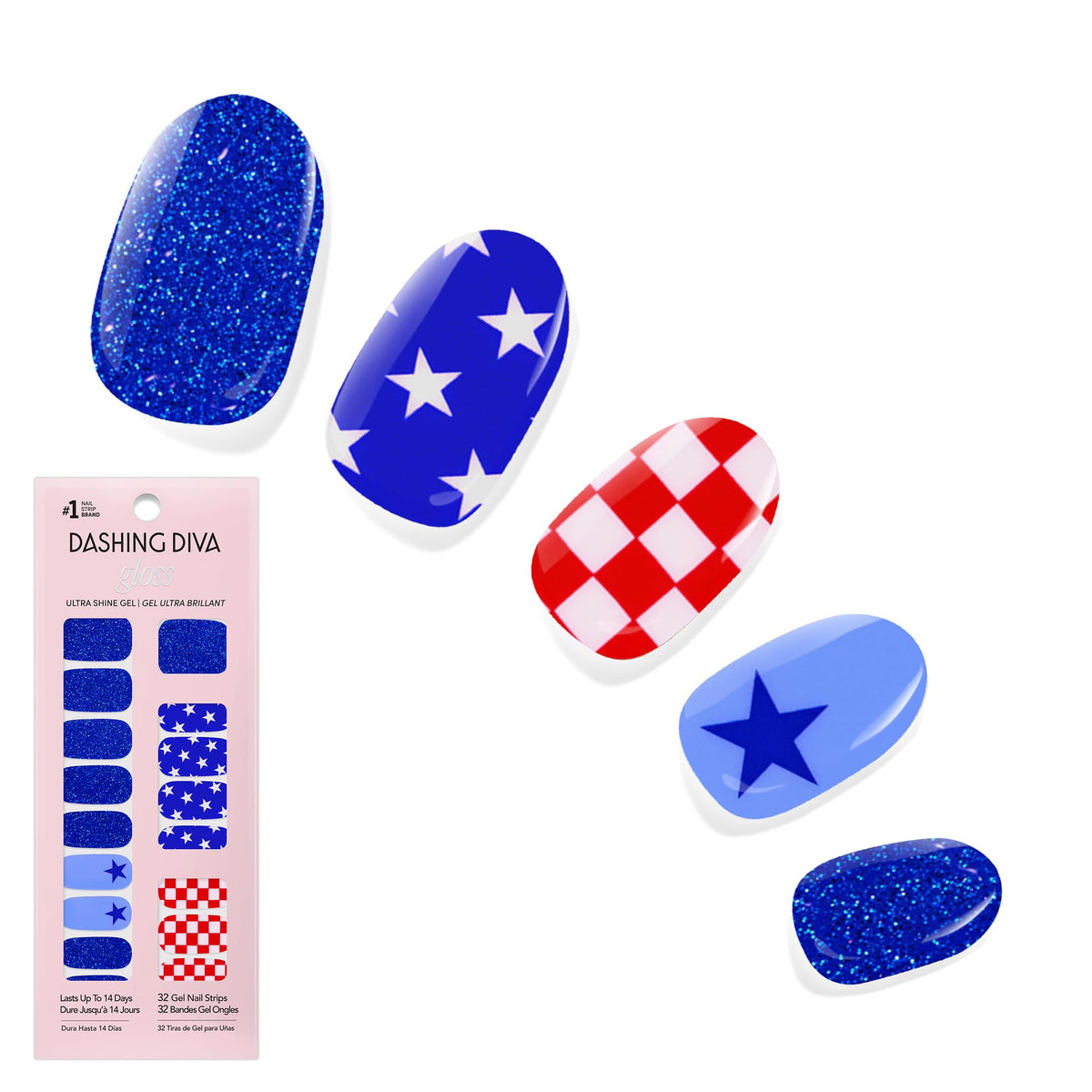 Dashing Diva front packaging showing patriotic nail strips and quick salon-quality finish