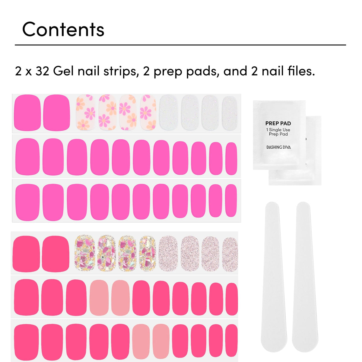Dashing Diva two complete sets laid flat demonstrating included strips, prep pad and file for convenience