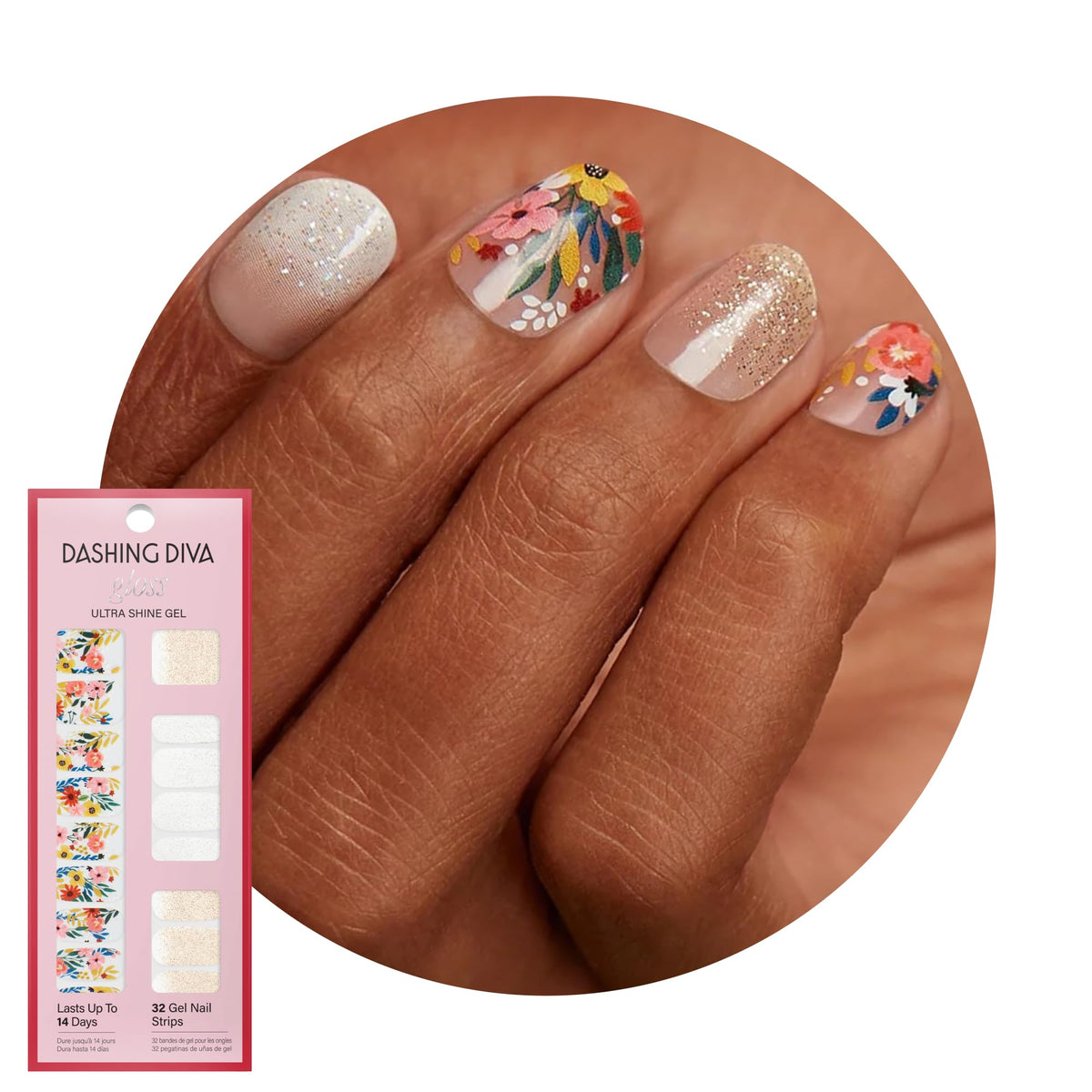 Dashing Diva gel strips laid out with floral and ombré gold glitter detail benefits