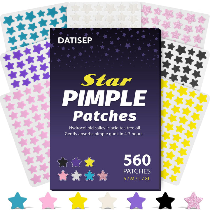DATISEP front packaging showing 560 star acne patches and sizes, convenient supply