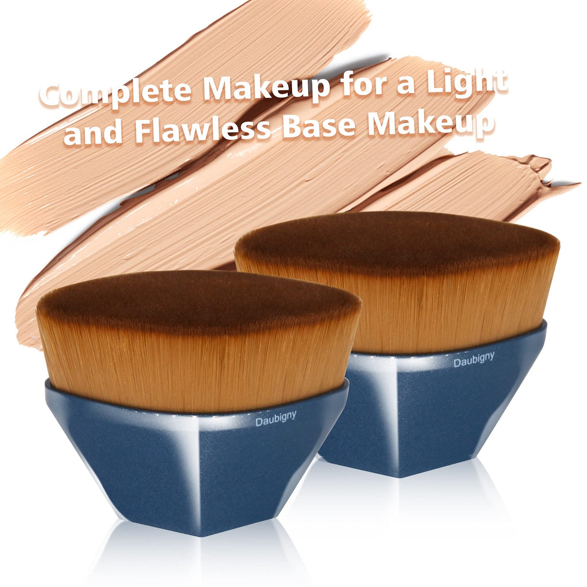 Daubigny brush applying foundation on cheek illustrating smooth, streak-free finish