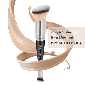 Daubigny brush beside makeup bag in lifestyle scene for on-the-go, efficient application benefit