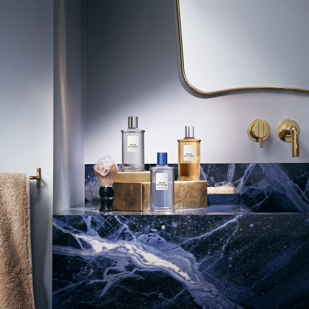 David Beckham Classic Blue pictured on a bathroom shelf during morning routine for confident start