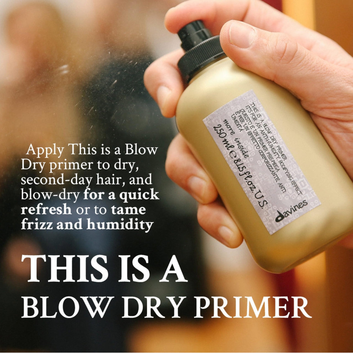 Davines bottle held in hand showing size and travel-friendly benefit