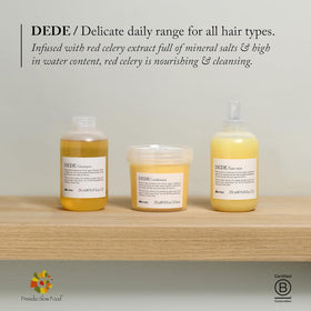 Davines DEDE bottle held in hand showing true size and portability