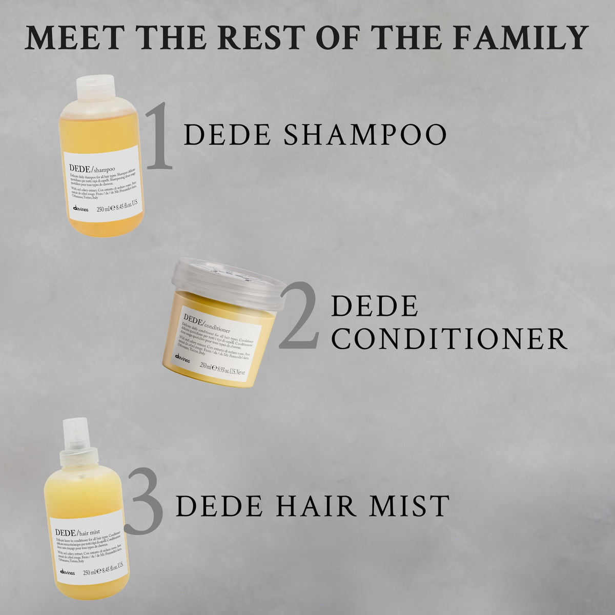 Hand holding Davines DEDE next to scale to show portable 8.45 fl oz size benefit
